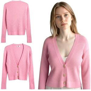 Pink Ribbed Cardigan W Mother of Pearl Buttons Size Large EUC